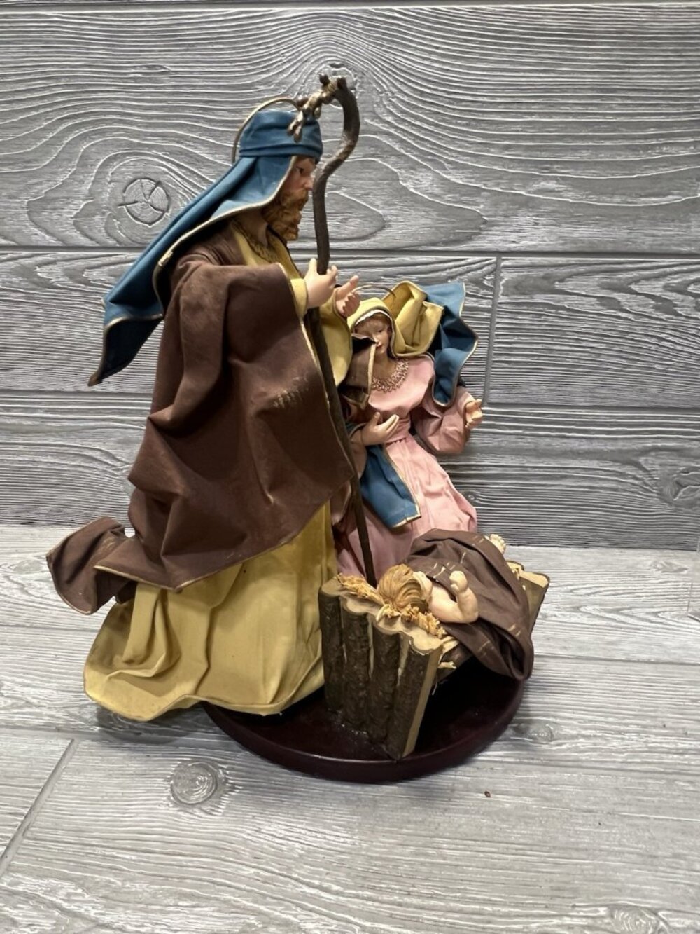 Nativity Set Paper Mache Jesus Mary Joseph 13” Wooden Base Vintage Christmas - Picture 6 of 9